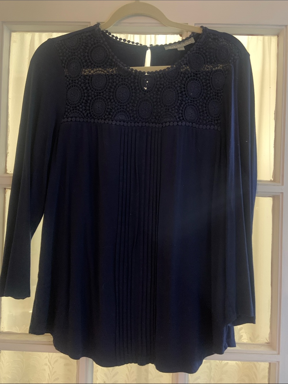 Daniel Rainn Navy Crochet Yoke Long Sleeve Blouse
